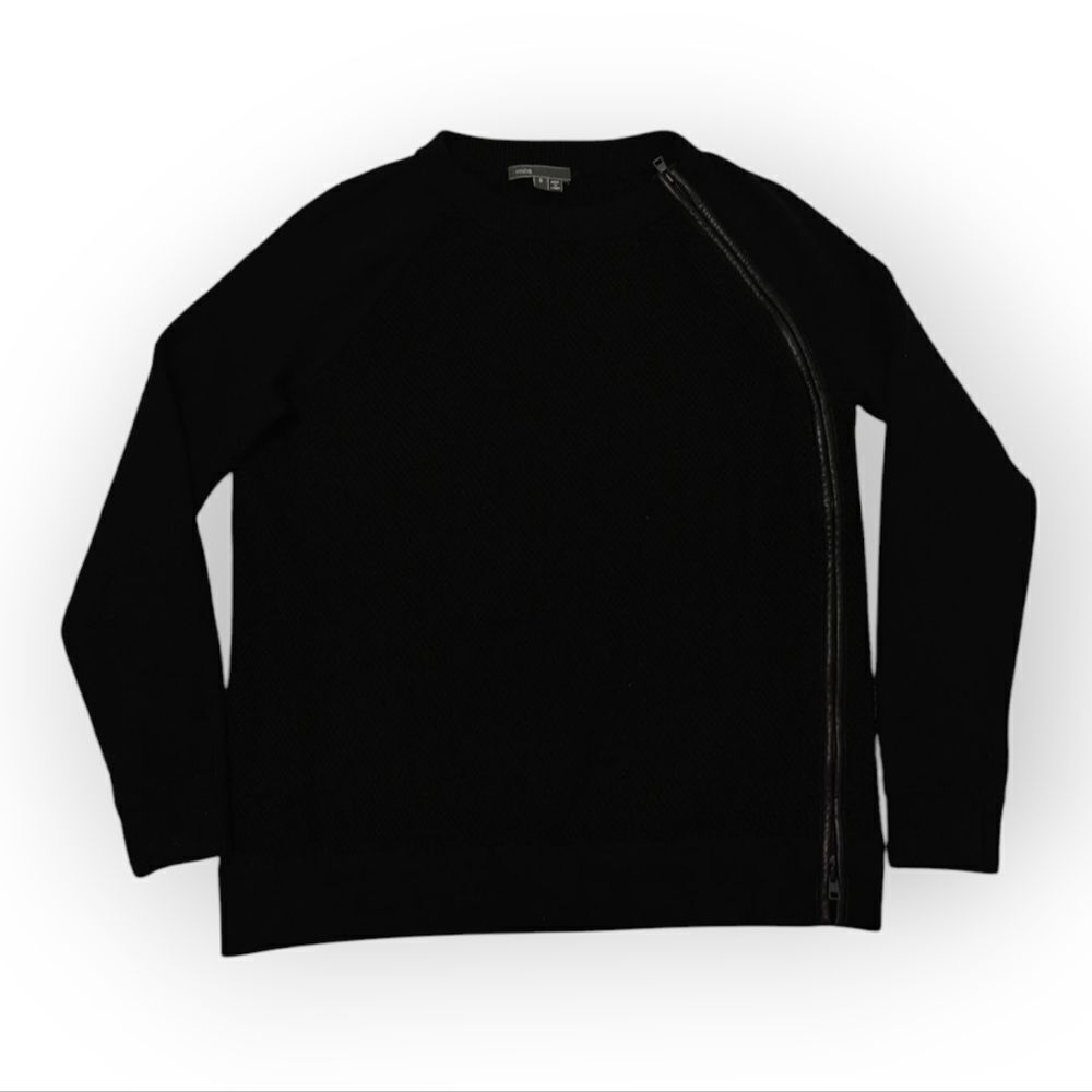 Vince Wool Leather Black Crew Neck Sweater Zip Asymmetrical Design Sz S - Picture 6 of 8